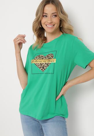 Zielony Bawełniany T-shirt z Ozdobnym Nadrukiem na Przodzie Janettia