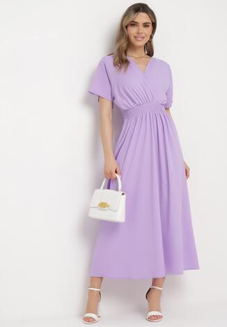 Fioletowa Sukienka Długa o Rozkloszowanym Fasonie z Kopertowym Dekoltem Saliusa
