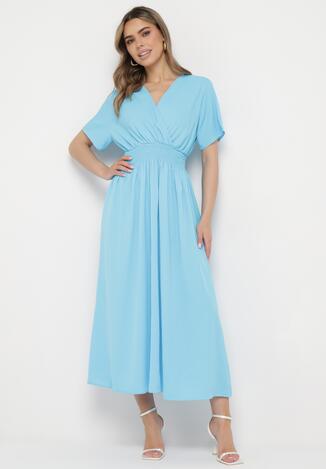 Niebieska Sukienka Długa o Rozkloszowanym Fasonie z Kopertowym Dekoltem Saliusa