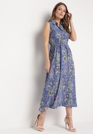 Niebiesko-Fioletowa Rozkloszowana Sukienka w Kwiaty bez Rękawów Syloria