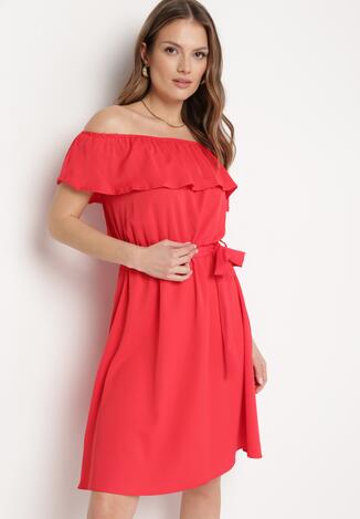 Czerwona Hiszpanka Sukienka z Materiałowym Paskiem o Rozkloszowanym Kroju Konielle