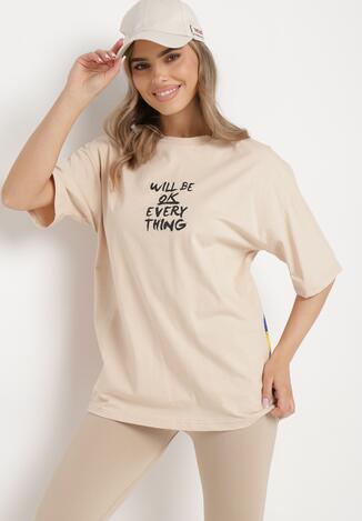 Beżowy T-shirt Oversize Bawełniany Ozdobiony Nadrukiem Aridka