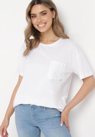 Biały Bawełniany T-shirt o Klasycznym Fasonie z Kieszonką  Asettia