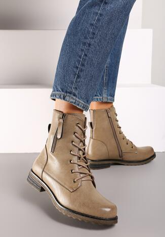 Ciemnobeżowe Płaskie Botki w Stylu Workerów ze Sznurowaniem z Ozdobnym Suwakiem Tarlina