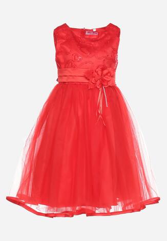 Czerwona Elegancka Sukienka o Rozkloszowanym Fasonie z Koronką i Kwiatową Przypinką Casadira