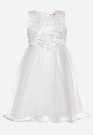 Biała Tiulowa Sukienka w Stylu Princeski z Aplikacjami 3D Piwira