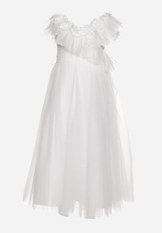 Biała Tiulowa Sukienka z Falbankami i Marszczoną Gumką na Plecach Ulyana