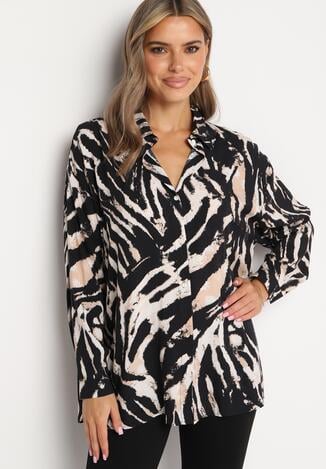 Czarno-Beżowa Wiskozowa Koszula Oversize z Długim Rękawem i Nadrukiem z Paskami Biwina