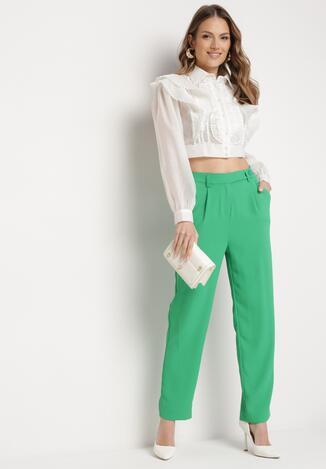 Zielone Eleganckie Spodnie z Wysokim Stanem z Prostymi Nogawkami i Gumką w Pasie Althema