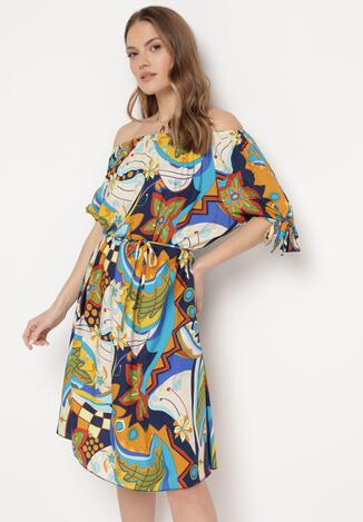 Granatowo-Beżowa Bawełniana Sukienka Hiszpanka w Ornamentalny Wzór z Cienkim Paskiem Dalenkia