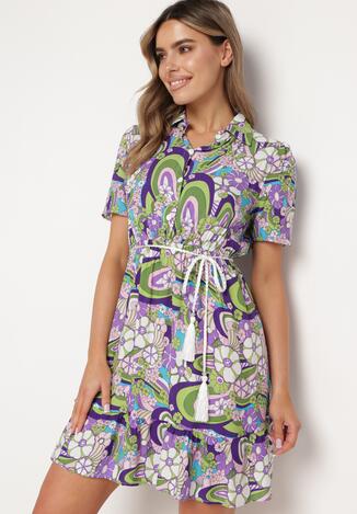 Fioletowa Sukienka z Bawełny o Koszulowym Fasonie w Kwiatowo Abstrakcyjny Wzór Edlana