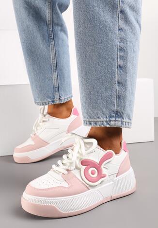 Biało-Różowe Sneakersy na Grubej Podeszwie z Abstrakcyjną Aplikacją Cadisa
