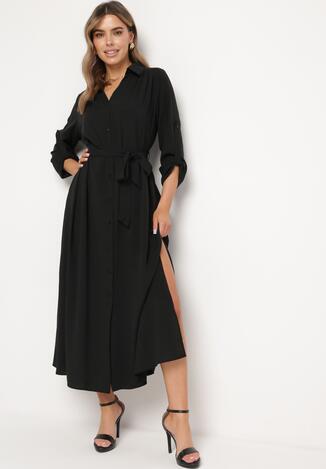 Czarna Rozpinana Sukienka Koszulowa z Regulowanymi Rękawami Grimoire