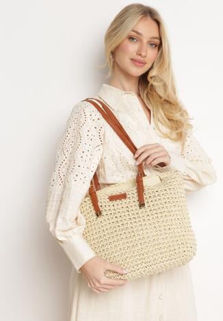 Jasnobeżowa Torebka Shopper z Plecionki z Rączkami z Ekoskóry Buxara