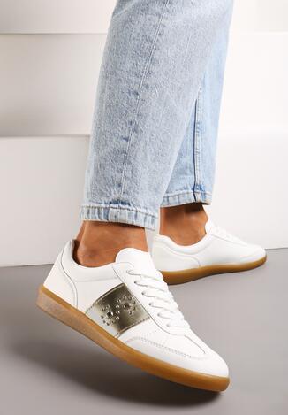 Biało-Złote Płaskie Sneakersy Sznurowane z Ozdobnymi Nitmi Blosenti