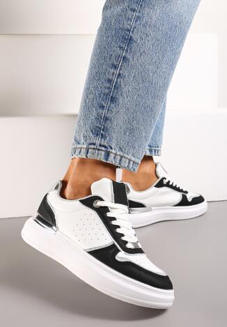 Biało-Czarne Sneakersy na Platformie z Materiałowymi Wstawkami i Cyrkoniami Przy Sznurówkach Nylith
