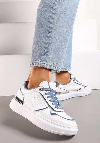 Białe Sneakersy na Platformie z Materiałowymi Wstawkami i Cyrkoniami Przy Sznurówkach Nylith