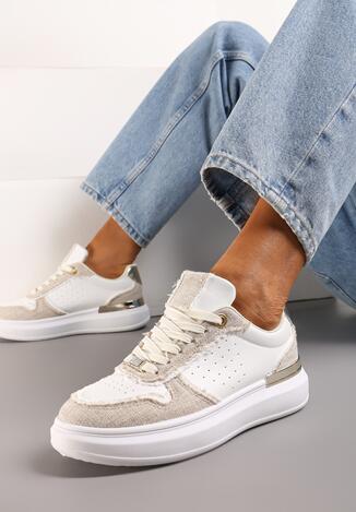 Biało-Beżowe Sneakersy na Platformie z Materiałowymi Wstawkami i Cyrkoniami Przy Sznurówkach Nylith
