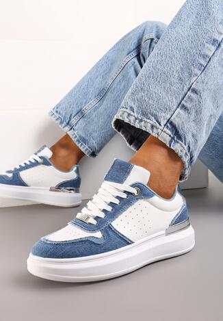 Biało-Niebieskie Sneakersy na Platformie z Materiałowymi Wstawkami i Cyrkoniami Przy Sznurówkach Nylith
