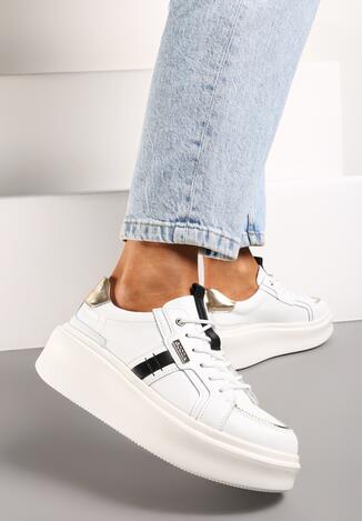 Białe Skórzane Sneakersy na Platformie z Ozdobnymi Lamówkami Acidse