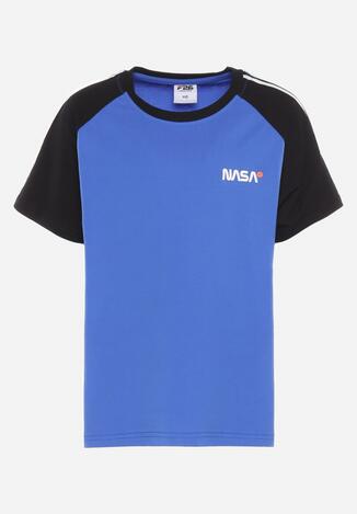 Niebieska Koszulka T-shirt z Ozdobnymi Lampasami i Napisem z Elastycznej Bawełny  Aerapa