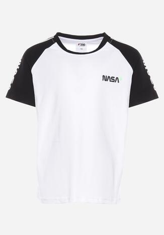 Biała Koszulka T-shirt z Ozdobnymi Lampasami i Napisem z Elastycznej Bawełny  Aerapa