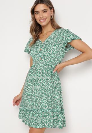 Zielona Sukienka Bawełniana z Gumką w Pasie i Drobnym Wzorem w Kwiaty Napenia
