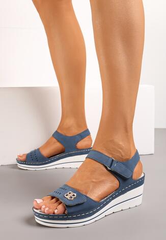 Niebieskie Sandały na Koturnie ze Skórzaną Wkładką i Paskami na Rzepy Brinella