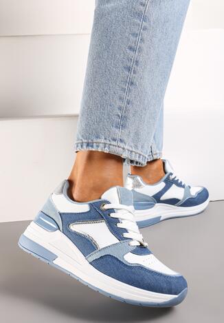 Biało-Niebieskie Sneakersy z Materiałowymi Wstawkami i Niskim Koturnem Zireael