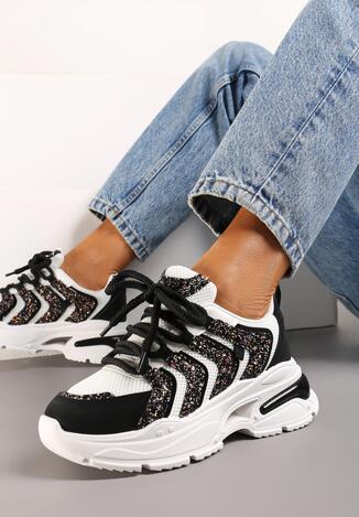 Czarno-Białe Sneakersy z Brokatowymi Wstawkami i Grubą Podeszwą Ayneri