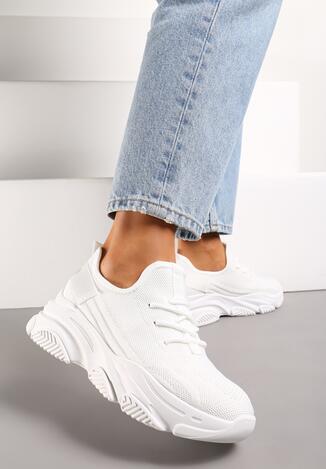 Białe Sneakersy z Tłoczoną Podeszwą i Elastyczną Cholewką Nwheite