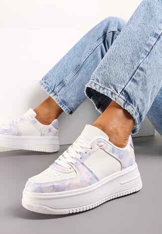 Biało-Fioletowe Sneakersy na Platformie z Kolorowymi Wstawkami i Perforacją Chanettia