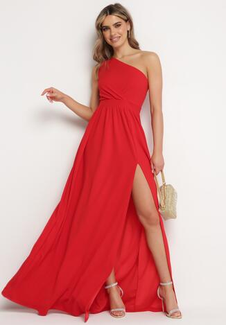 Czerwona Rozkloszowana Sukienka Maxi na Jedno Ramię Beliotta