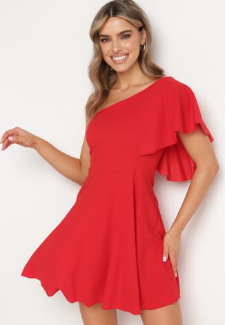 Czerwona Asymetryczna Sukienka na Jedno Ramię z Falbanką Ellasue