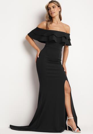 Czarna Elegancka Sukienka Typu Hiszpanka z Rozkloszowanym Dołem i Wycięciami Tumini