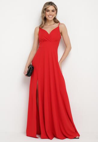 Czerwona Rozkloszowana Klasyczna Sukienka z Kopertowym Dekoltem na Cienkich Ramiączkach z Rozcięciem Vinelia