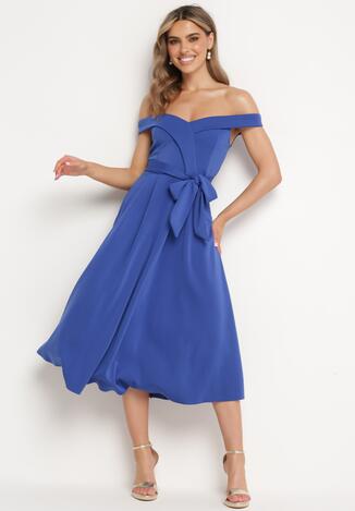 Niebieska Elegancka Sukienka o Fasonie Hiszpanki z Materiałowym Paskiem Xaelia