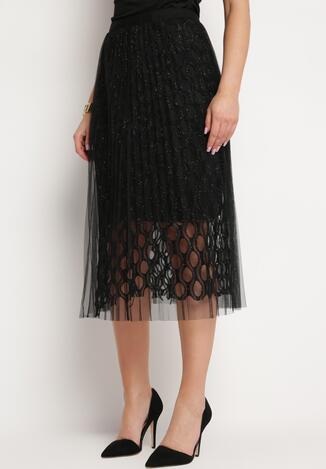 Czarna Spódnica Rozkloszowana z Ozdobnym Tiulem i Metaliczną Nitką Srosa