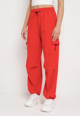 Czerwone Spodnie z Gumką w Pasie z Kieszeniami Typu Cargo i Nogawkami ze Ściągaczami Fiorenella