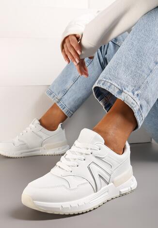Białe Sznurowane Sneakersy przed Kostkę na Płaskiej Podeszwie z Aplikacją Irines