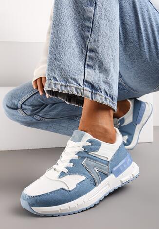 Niebieskie Sznurowane Sneakersy przed Kostkę na Płaskiej Podeszwie z Aplikacją Irines