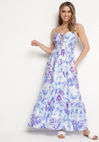 Niebieska Sukienka z Wiskozy i Bawełny Rozkloszowana w Kwiatowy Print z Ozdobnym Wiązaniem Wiama