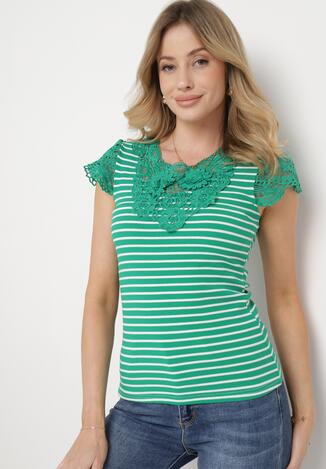 Zielony Bawełniany T-shirt w Paski z Koronkowymi Wstawkami Idamarie