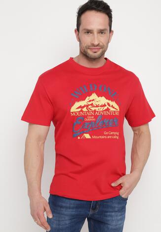 Czerwona  Bawełniana Koszulka z Krótkim Rękawem i Nadrukiem Ronneli
