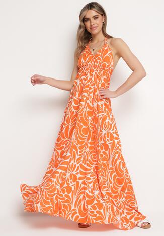 Pomarańczowa Wiskozowa Sukienka o Rozkloszowanym Kroju z Wiązaniem na Plecach Canella
