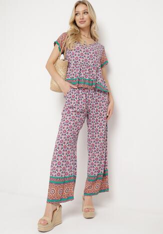 Różowo-Zielony Letni Komplet z Wiskozy w Mozaikowy Wzór Bluzka i Szerokie Spodnie Latasha