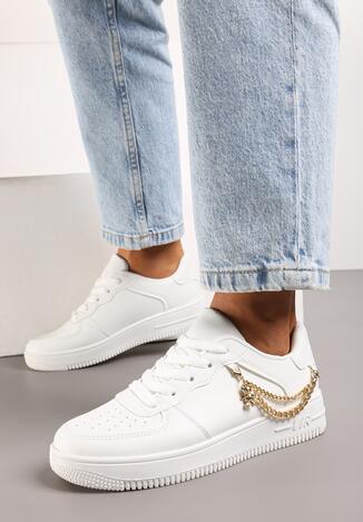 Białe Sznurowane Sneakersy z Przeszyciami Ozdobione Odpinanym Łańcuszkiem Minesta