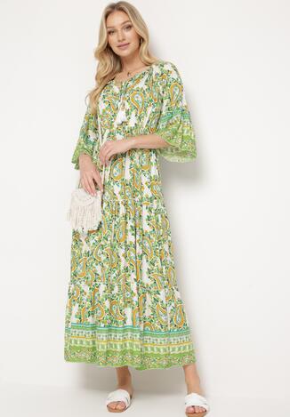 Zielona Sukienka Bawełniana Hiszpanka Ozdobiona Wzorem Paisley z Gumką w Pasie Vatina