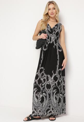 Czarna Sukienka z Ornamentalnym Wzorem Gumką w Talii i Sznurkami na Ramionach Avemina