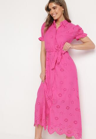 Różowa Koszulowa Sukienka z Ażurowym Haftem i Bufiastymi Rękawami Lieve